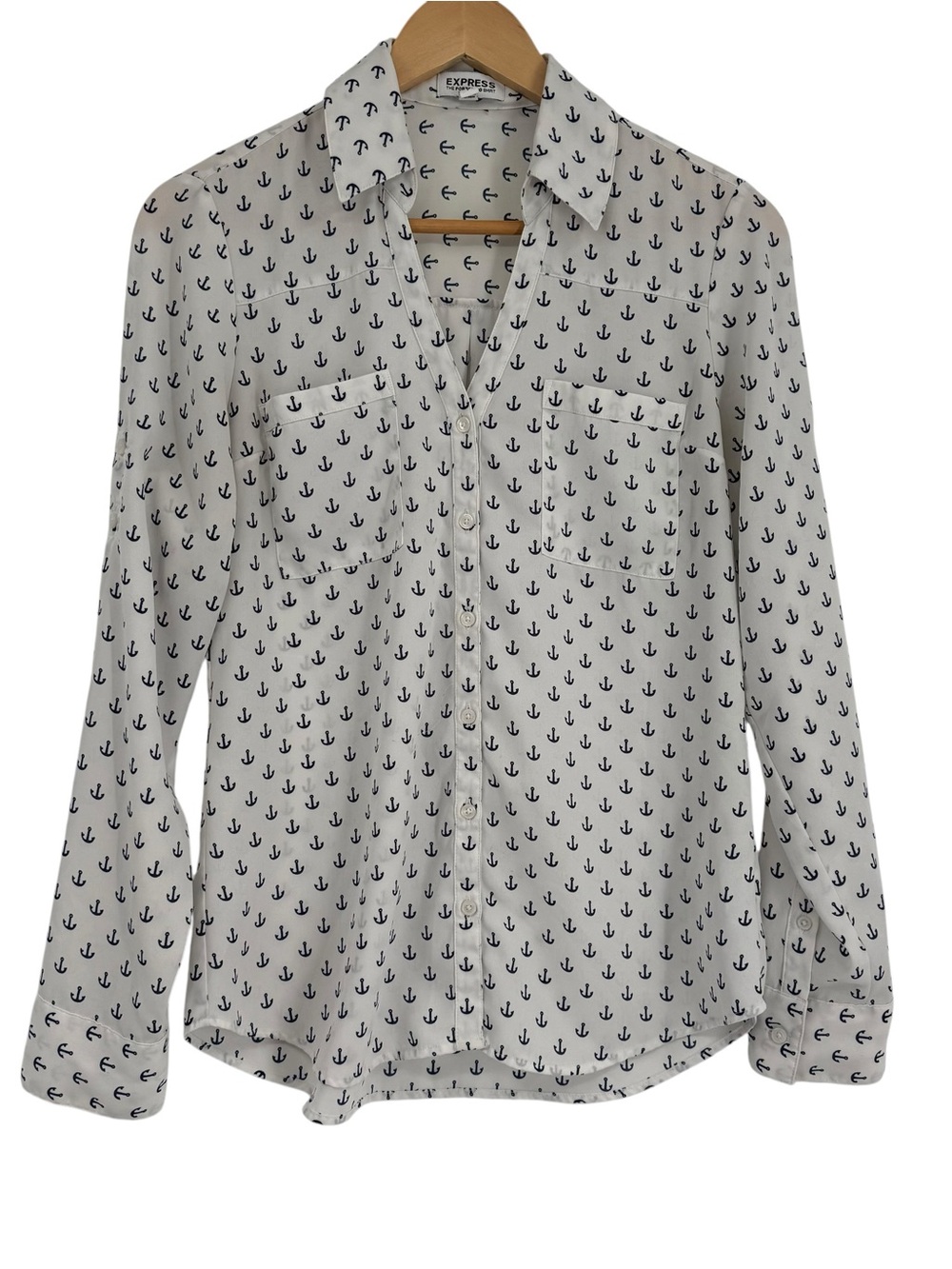 Express The Portofino Shirt Size S White Semi Sheer Roll Tab Anchors Coastal